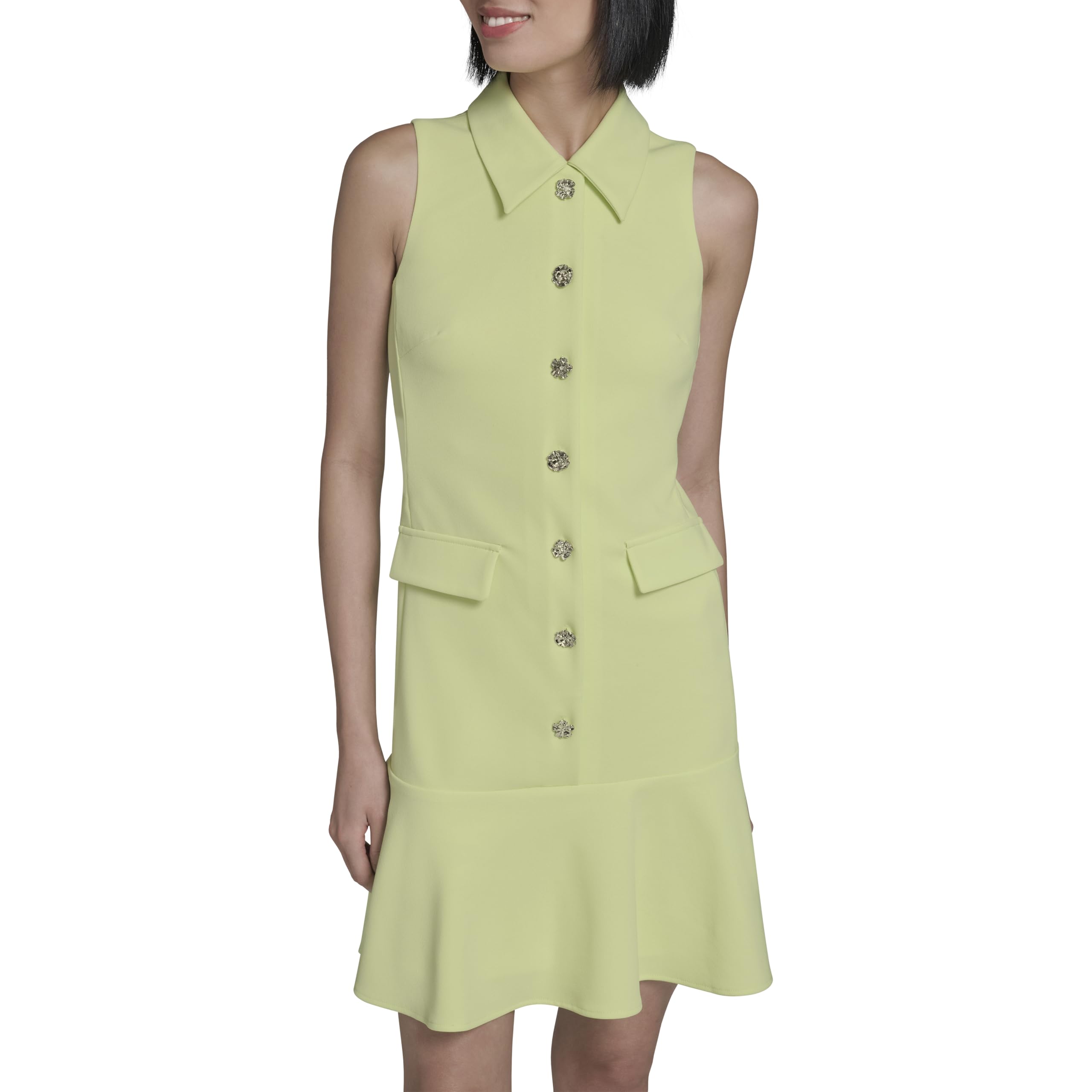KARL LAGERFELD Paris Women’s Sleeveless Collared Gold Button Front A-Line Mini Dress, Tea Green, 2