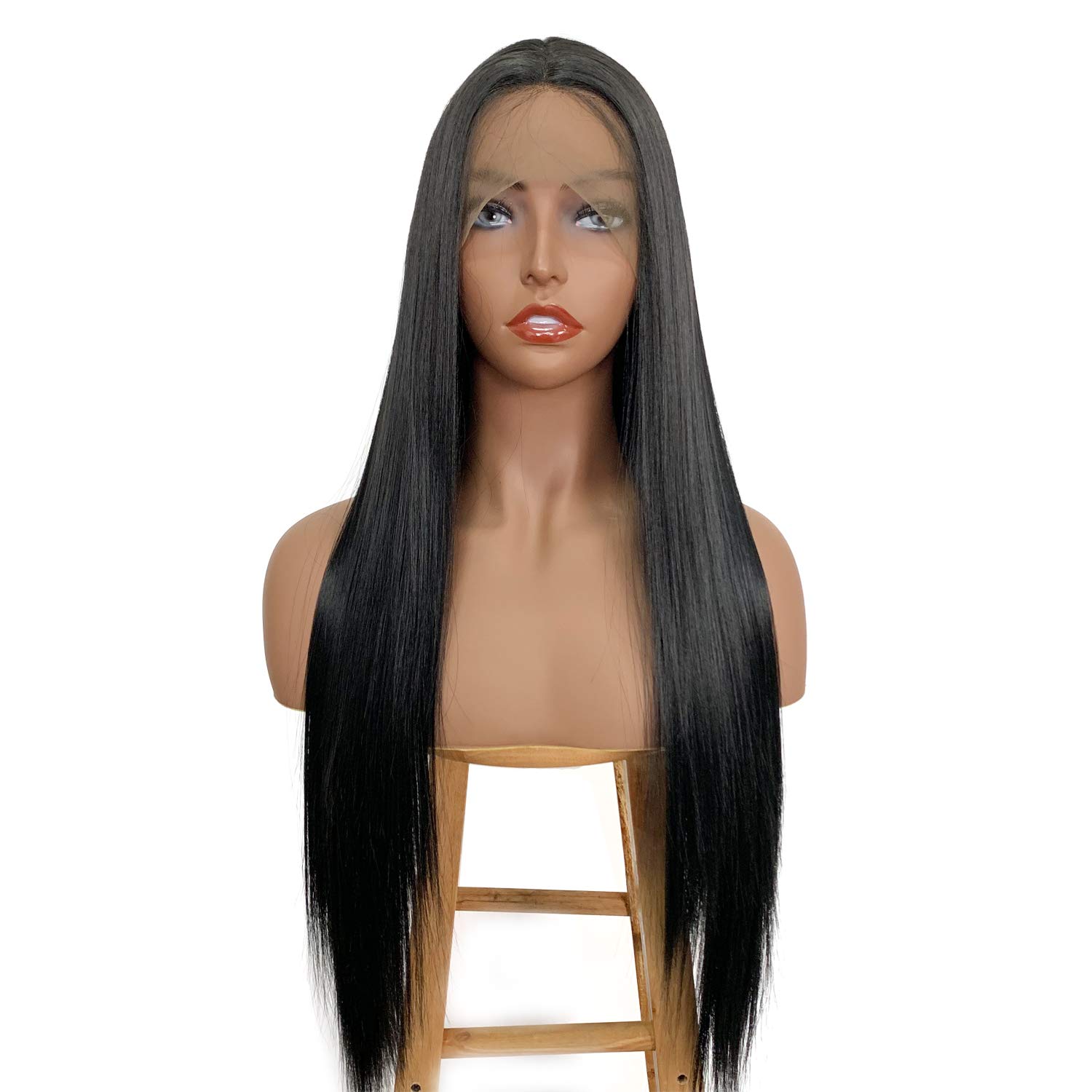 ALICE Lace Front Black Wig for Women, 22" Long Yaki Straight Middle Part Synthetic Wig, Pre Plucked with Natural Hairline and Baby Hair