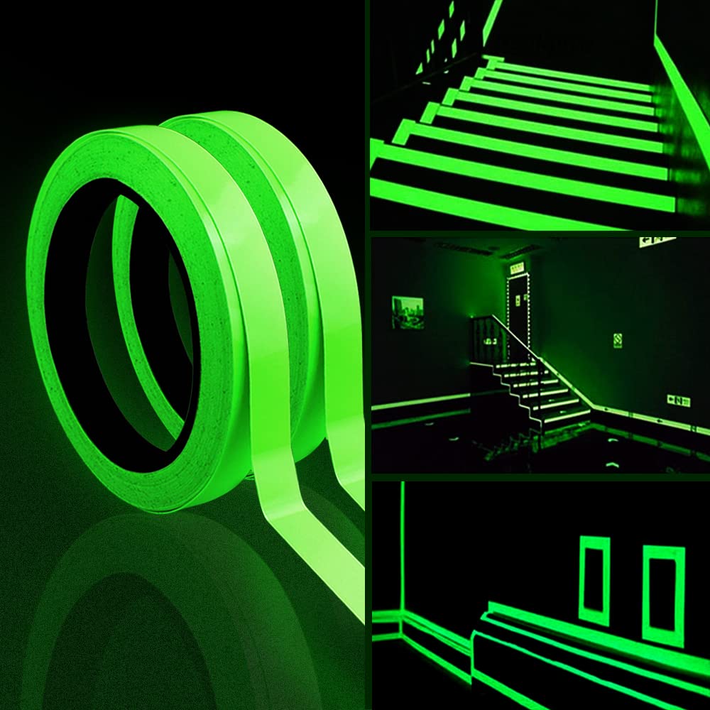 2PCS Luminous Tape, 10m x 10mm Glow in Dark Waterproof Fluorescent Adhesive Warning Tape for Stairs Stage Supplies Decoration (Green Light)