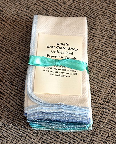 Large Paperless Towels, 1-Ply, Made from Natural Unbleached Cotton Birdseye Fabric - 14x14 inches Set of 10 in Assorted Blues and Greens