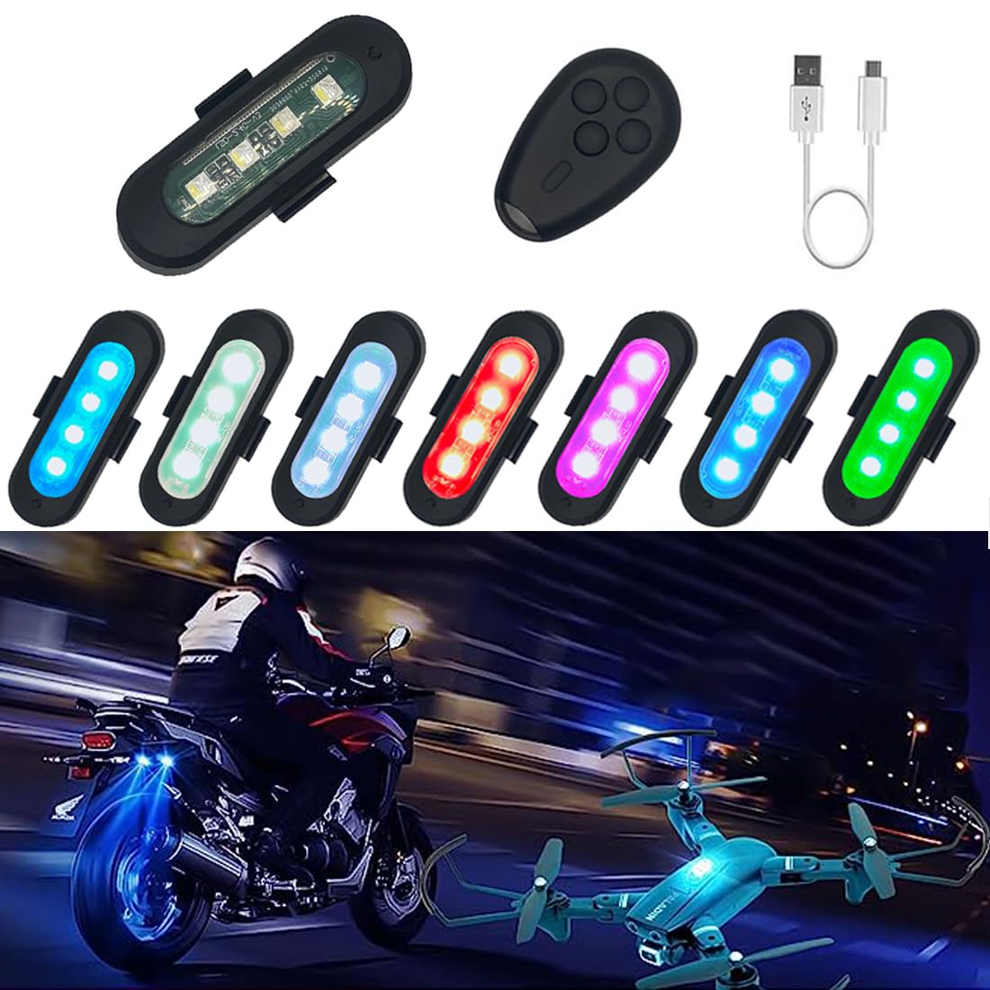 1 Pcs 7 Colors Led Aircraft Strobe Lights,USB Charging Mini Riding Anti-Collision Night Signal Light,High Brightness LED strobe light,for Motorbikes,Dirt Bike,E-Bike,Cars