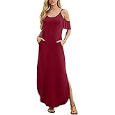 GRECERELLE Women Summer Maxi Dresses Casual Loose Strapless Strap Cold Shoulder Short Sleeve Split Long Dress with Pocket