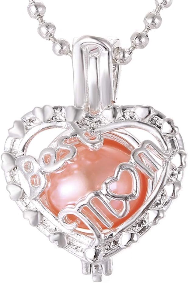Silver Best Mom Heart Pearl Cage Beads Cage Locket Pendant Necklace Essential Oil Diffuser Locket Necklace, Jewelry for Women, Mother, Fun Gifts (Best Mom Heart)