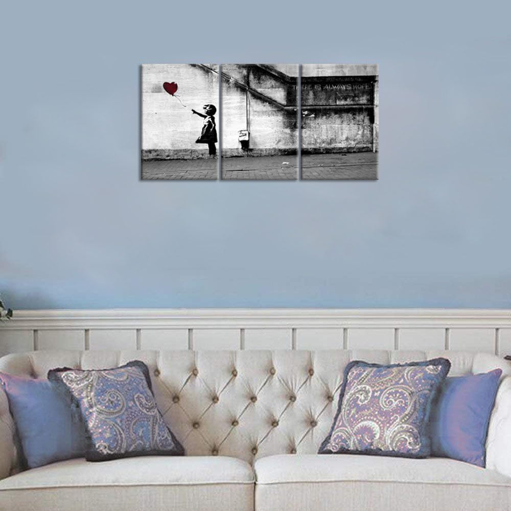 Youk art Bansky Wall Art Y11 Grafitti There is always hope - Girl and red heart balloon - Street Art (banksy A, 16x24inchx3panel)