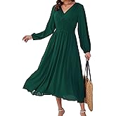 Kormei Women Casual Boho V Neck Long Sleeve Swiss Dot Smocked High Waist A Line Swing Fall Midi Long Dress