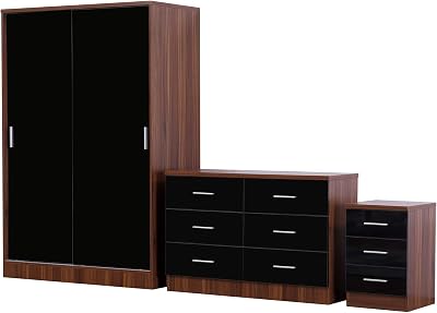 Reflect 3 Piece Bedroom Furniture Set - Black Gloss/Walnut