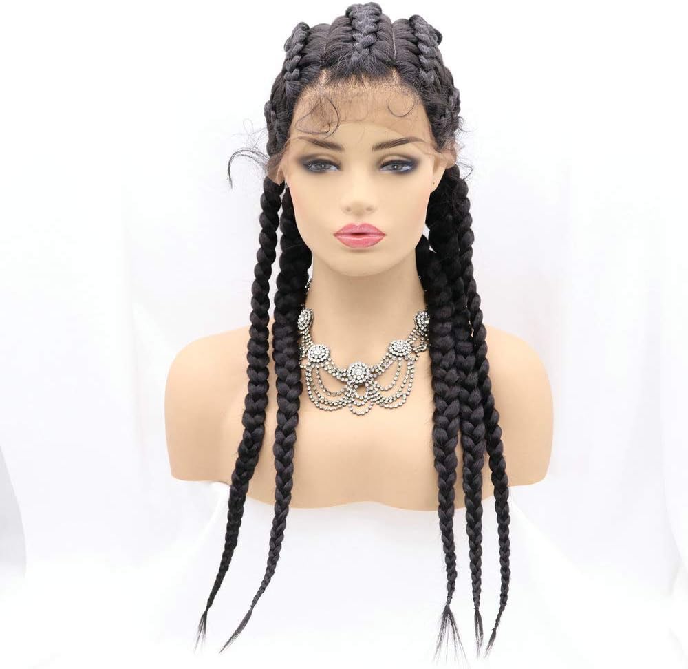 RainaHair Black Braids 5 Box Braided Wig with Baby Hair Synthetic Braided Lace Wig 5 Crochet Braids X Pression Braiding Hair Wigs for Women 30inch(black)