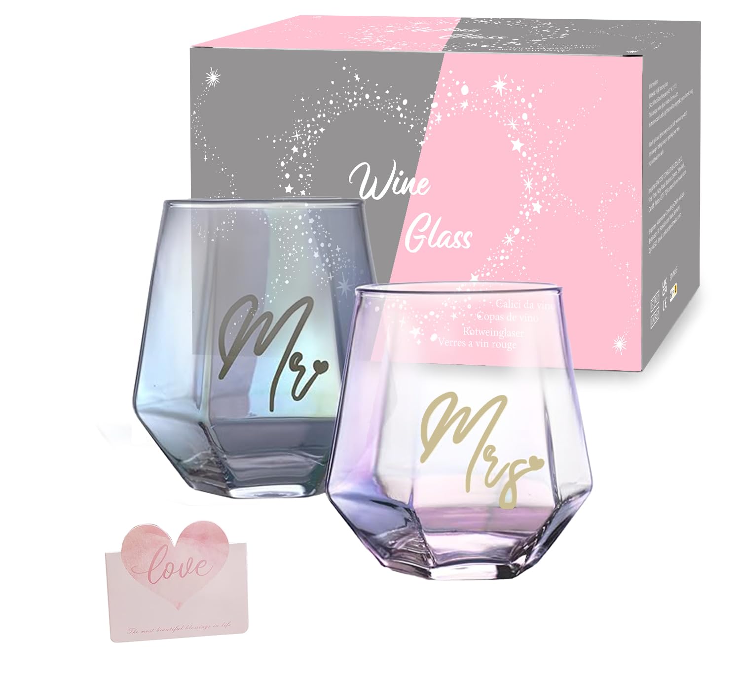 Mr and Mrs Couple Glasses,Wine Glass Mugs Set,Wedding Mugs for Bride and Groom,Wine Glasses Gifts for Couple Anniversary,Gifts for women,Bridal Shower,Engagement,His & Hers,Christmas Valentines Day