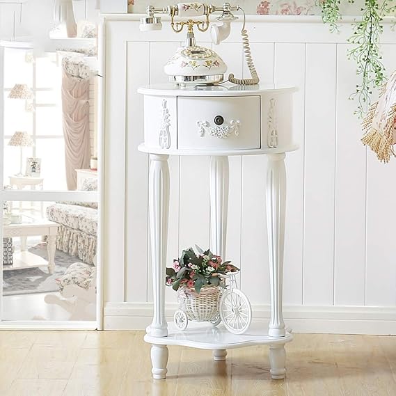 White Round Bedside Table Offee Table with Drawer, Open Style