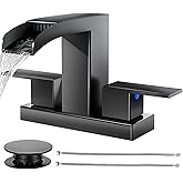 Cobbe Waterfall Bathroom Faucets 3 Hole, Matte Black Bathroom Sink Faucet Square 4 Inch Centerset with Pop-Up Drain, 2 Handle and 2 Supply Hoses, Lead-Free Stainless Steel for Vanity Sink Rv