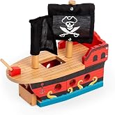 Bigjigs Rail Wooden Pirate Ship Galleon - Pirate Accessories for Wooden Train Sets, Bigjigs Train Accessories, Pirate Ship Toys for Kids, Wooden Toys for 3 4 5 Year Olds