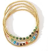 SHINUS BOHO 4Pcs Gold Beaded Colorful Bracelets Set for Women Multi Layer Versatile Stackable Stretch Cuff Sparkly Glass Crystal Gemstone Jewelry Birthday Gifts