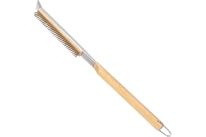 LEIGHTSZEN 21'' Pizza Brush with Stainless Steel Stone Scraper - Brass Bristles - Wood Handle - Hanging Ring - Outdoor Pizza Oven Accessory - Compatible with Ooni, Gozney, Blackstone, Solo Stove Ovens