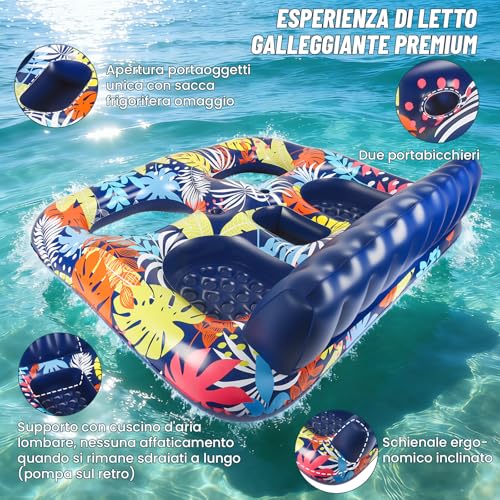 FORMIZON Inflatable Sea Mattress, 2 Seater Pool Mat, Tanning Pool Large Inflatable Tan with Ice Bar Thermal Bag Drink Holder and Cushion for Water Party