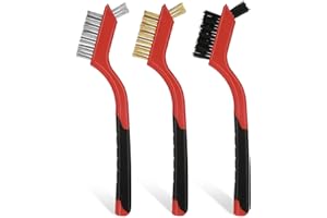 Teaaha 3 PCS Wire Brush Set, Brass/Nylon/Stainless Steel Wire Brush Small with Curved Handle Grip Brass Bristle Brush, Metal Wire Cleaning Brush for Cleaning Rust Removal, Dirt, Scrubbing (7inch Red)