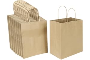 Oikss 100 Pack 8x4.75x10 Inch Medium Brown Kraft Paper Bags with Handles Bulk for Wedding Birthday Party Favors Grocery Retail Shopping Business Goody Craft Gift Bags Sacks (Plain Natural 100 Count)