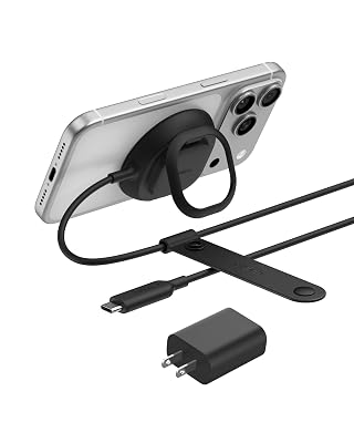 Belkin MagSafe Charger, Magnetic iPhone Charger w/ Qi2 25W, Fast Wireless Charging Pad w/Kickstand for iPhone 17 Series, Samsung Galaxy, Pixel 10, AirPods Pro, Travel - Adapter Included, Black