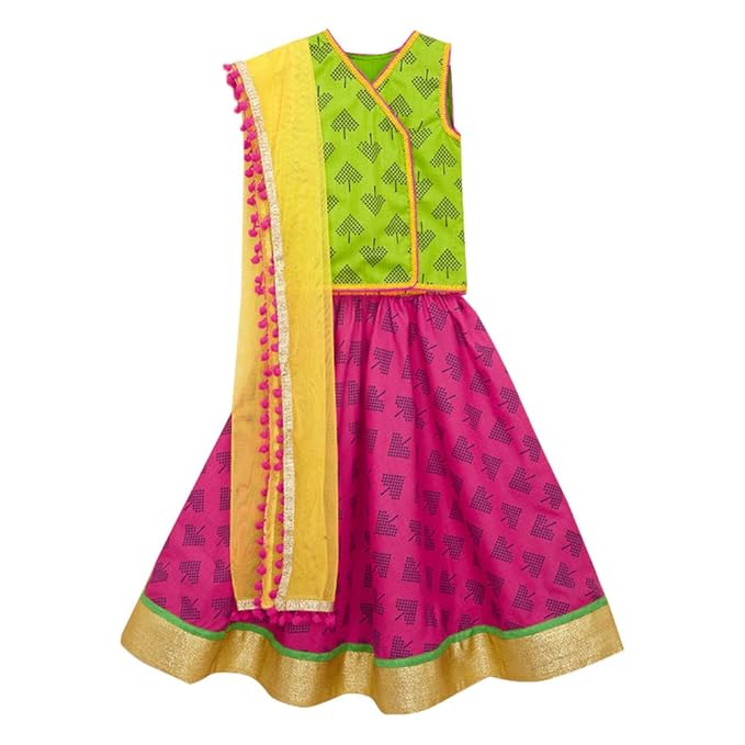 Kids Chakra By Hopscotch Girls Cotton Sleeveless All Over Printed Lehengas And Blouses Set With Dupatta in Pink Color