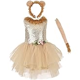 Toddler Girls Sequin Lion Tutu Dress Halloween Costume Fancy Cosplay Dress up Animal Theme Party Ruffle Tulle Short Tiered Gown Birthday Outfit with Lion Headband Tail Set Sequined Lion 9-10 Years