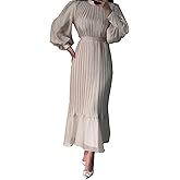Sexyshine Women's Mock Neck Long Sleeve Full Pleated Chiffon Maxi Dress High Waist Belted A Line Cocktail Party Long Dress
