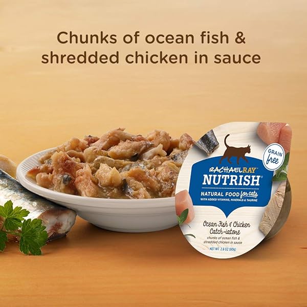 NUTRISH GRAIN FREE WET CAT FOOD OCEAN FISH & CHICKEN CATCH-IATORE WHOLE HEALTH BLEND WITH REAL FLAKED OCEAN FISH & SHREDDED CHICKEN IN SAUCE, 2.8 OZ. CUP (RACHAEL RAY) (PACK OF 24)