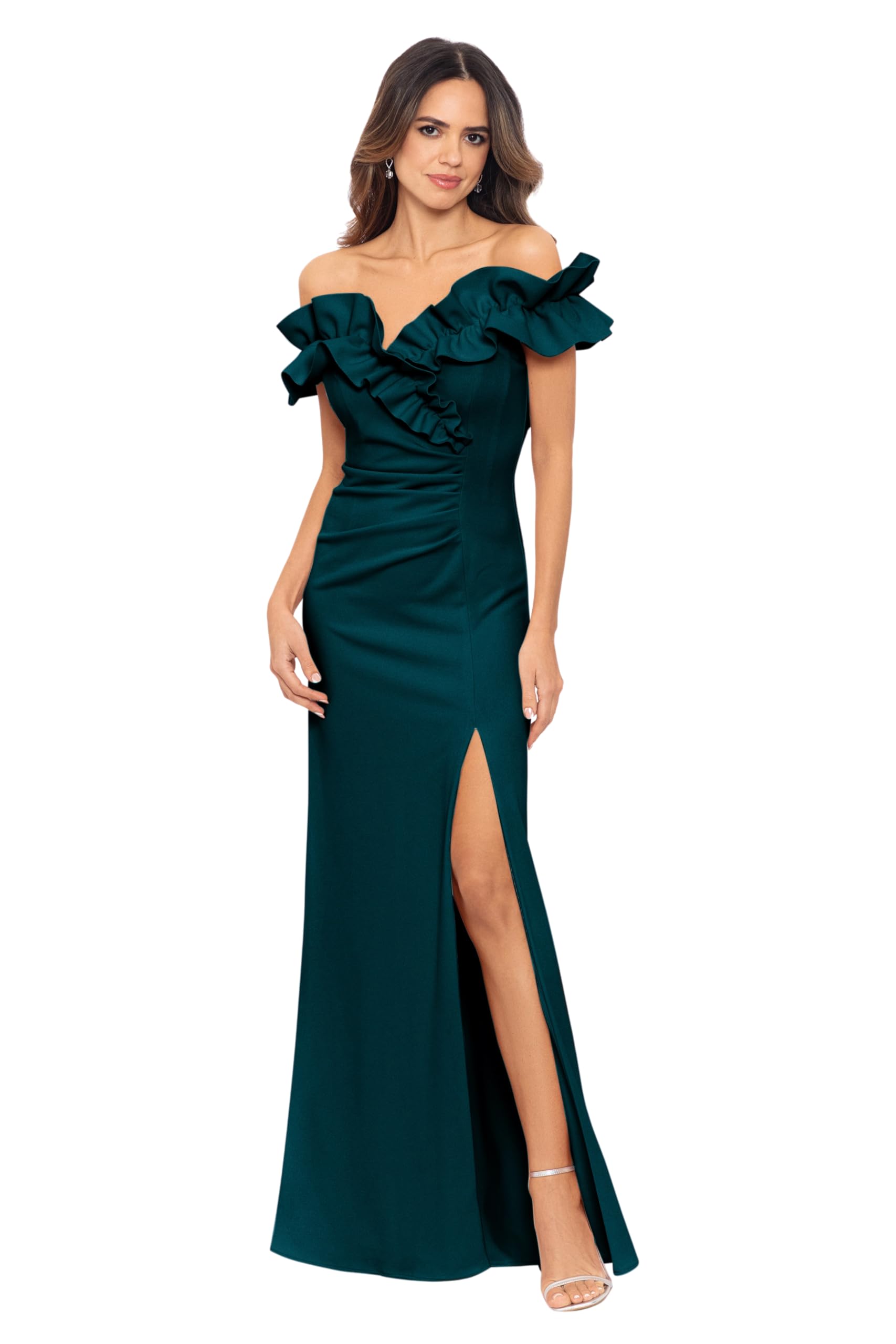 Photo 1 of Xscape Women's Long Stretch Scuba Crepe Ruffle Collar Ruched Dress, Pine, 10