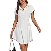 LYANER Women's Pleated Waist Collar V Neck Button Down Short Sleeve Mini Short Shirt Dress Solid White Medium