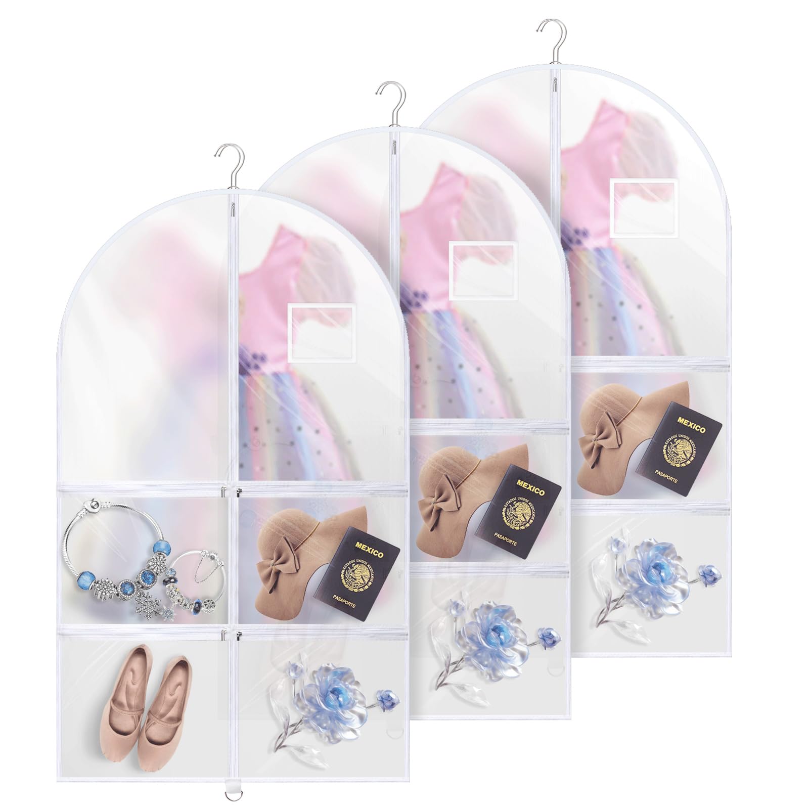 Photo 1 of 40 Inch Dance Garment Bags (3 Pack) – Clear PVC Costume Bags with 4 Zipper Pockets, and Hanging Design for Kids and Dancers, Perfect for Travel, Dance Competitions, and Closet Storage