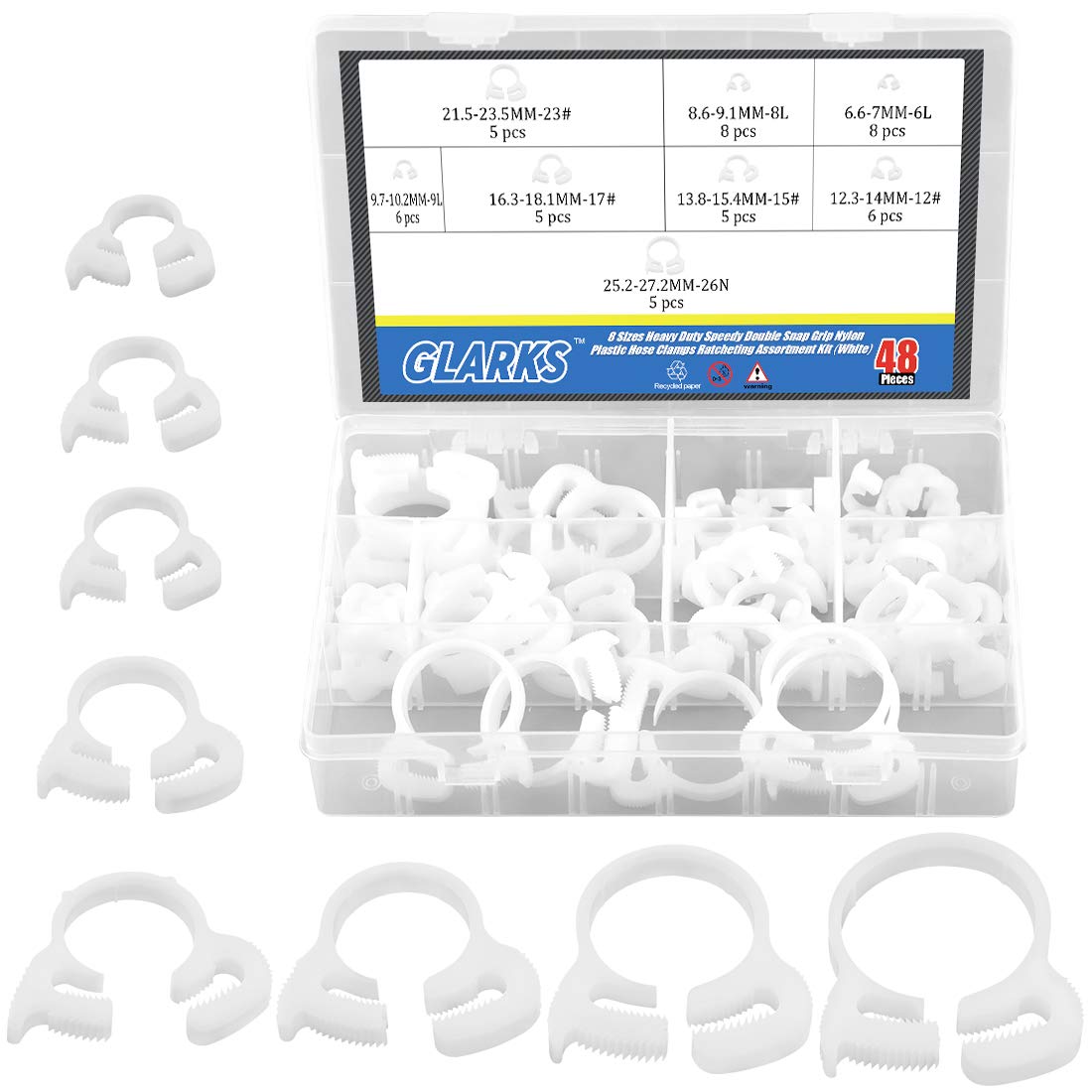 Glarks 48Pcs 8 Size Heavy Duty White Double Gripping Nylon Hose Clamps Set, 6.6-27.2mm Plastic Snap Ratcheting Clamps Assortment Kit (White 48Pcs)