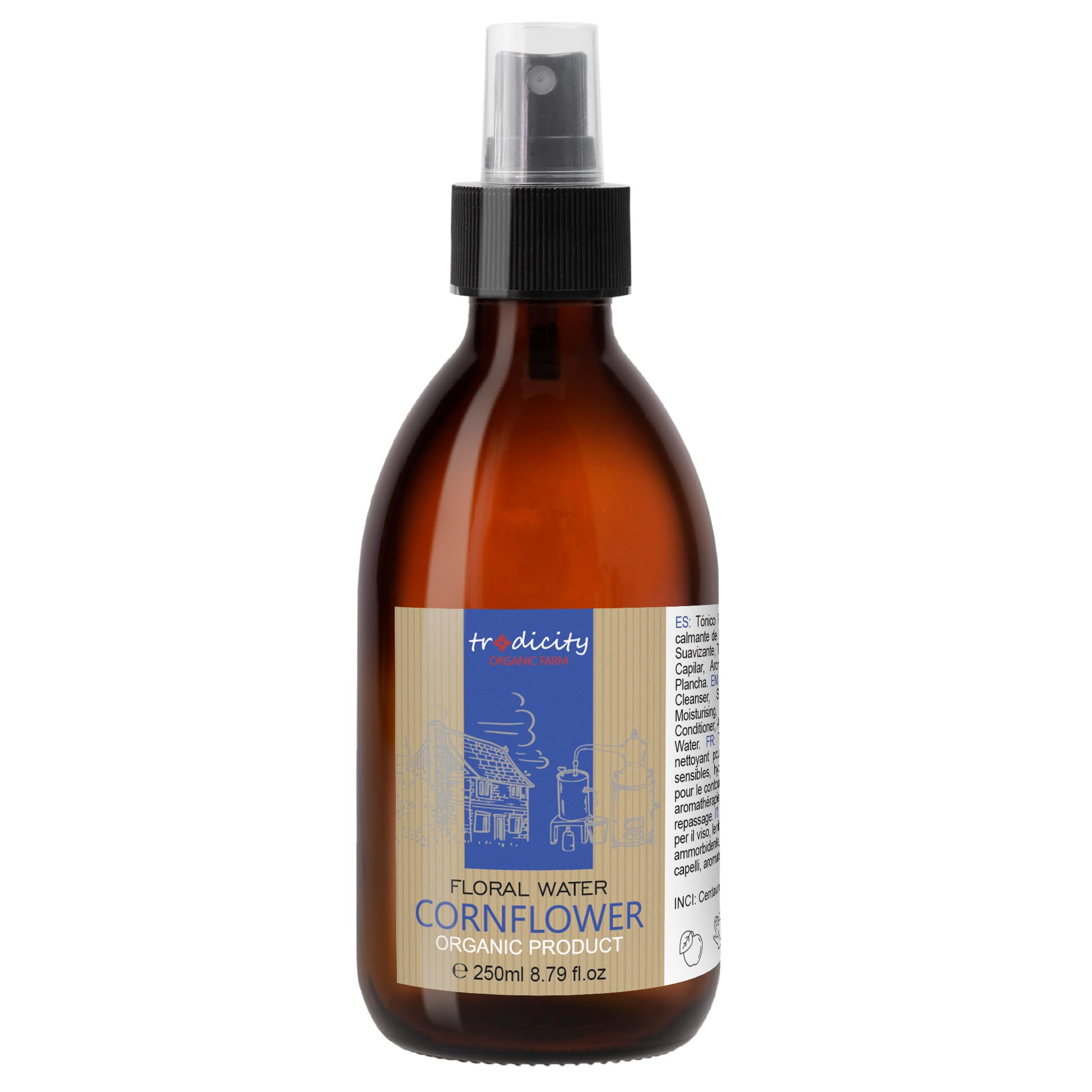 Organic Cornflower Water, Floral Water, Anti Dark Circles, Pockets, Swelling - Certified Organic Formula, 99% Natural, Vegan - 250 ml Bottle Spray