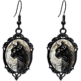 Black Cat Earrings for Women Vintage Gothic Glass Cameo Earrings Cute Cat Dangle Earring Halloween Witch Costume Accessories Holiday Jewelry Christmas Gifts Goth Jewelry for Women
