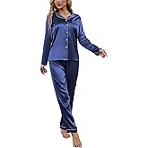 Drtope Women's Classic Button Down Long Satin Silk Pajama Set 2 piece pajama set for women silky pajama set for women