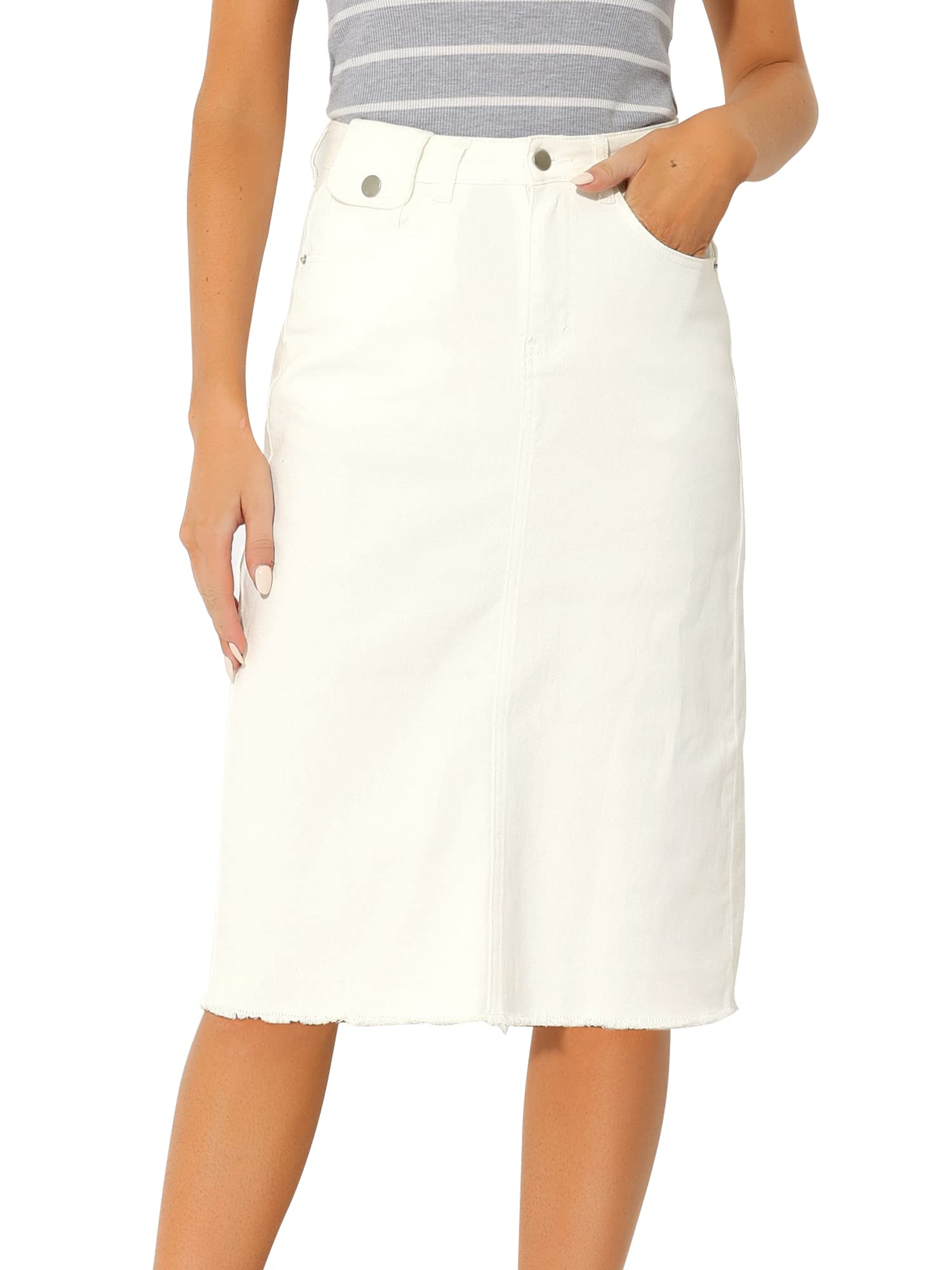 Photo 1 of Allegra K Women's Casual Jean Skirt High Waist Back Slit Stretch Denim Skirts Large White