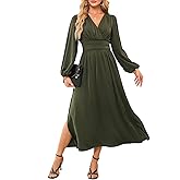 Dokotoo Womens Wrap V-Neck Empire Waist Dress Lantern Sleeve Ruched Side Slit Elegant Maxi Dress