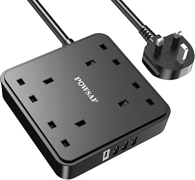 POWSAF Power Strip 4 AC Outlets 4 USB Ports 2M Extension Cord Black