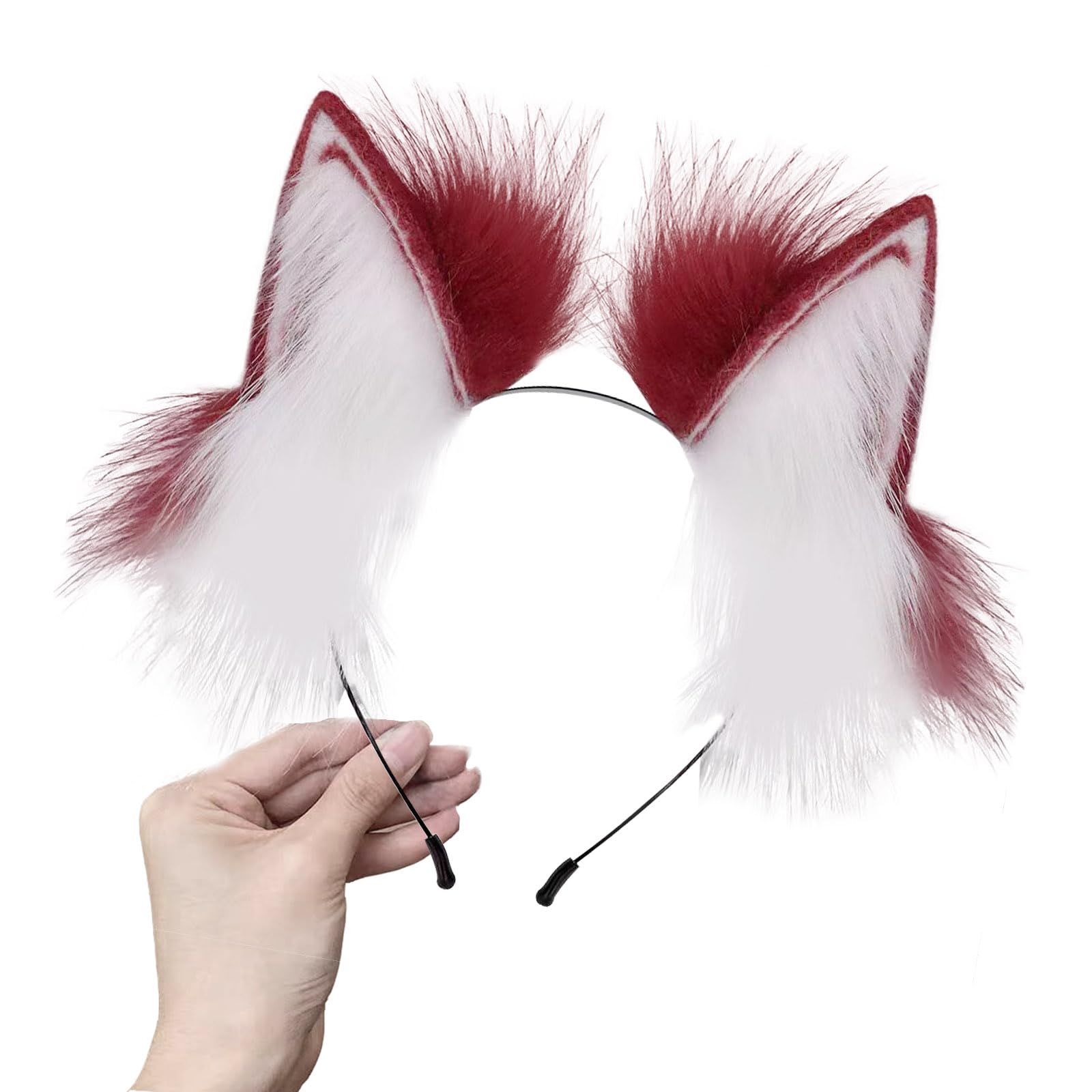 Ycfish Handmade Faux Fur Cat Ear Headband Cosplay Costume Party Cute Head Accessories for Halloween, Fluffy Wolf Fox Cat Ears Headband Costume Hair Hoop (Red and white)