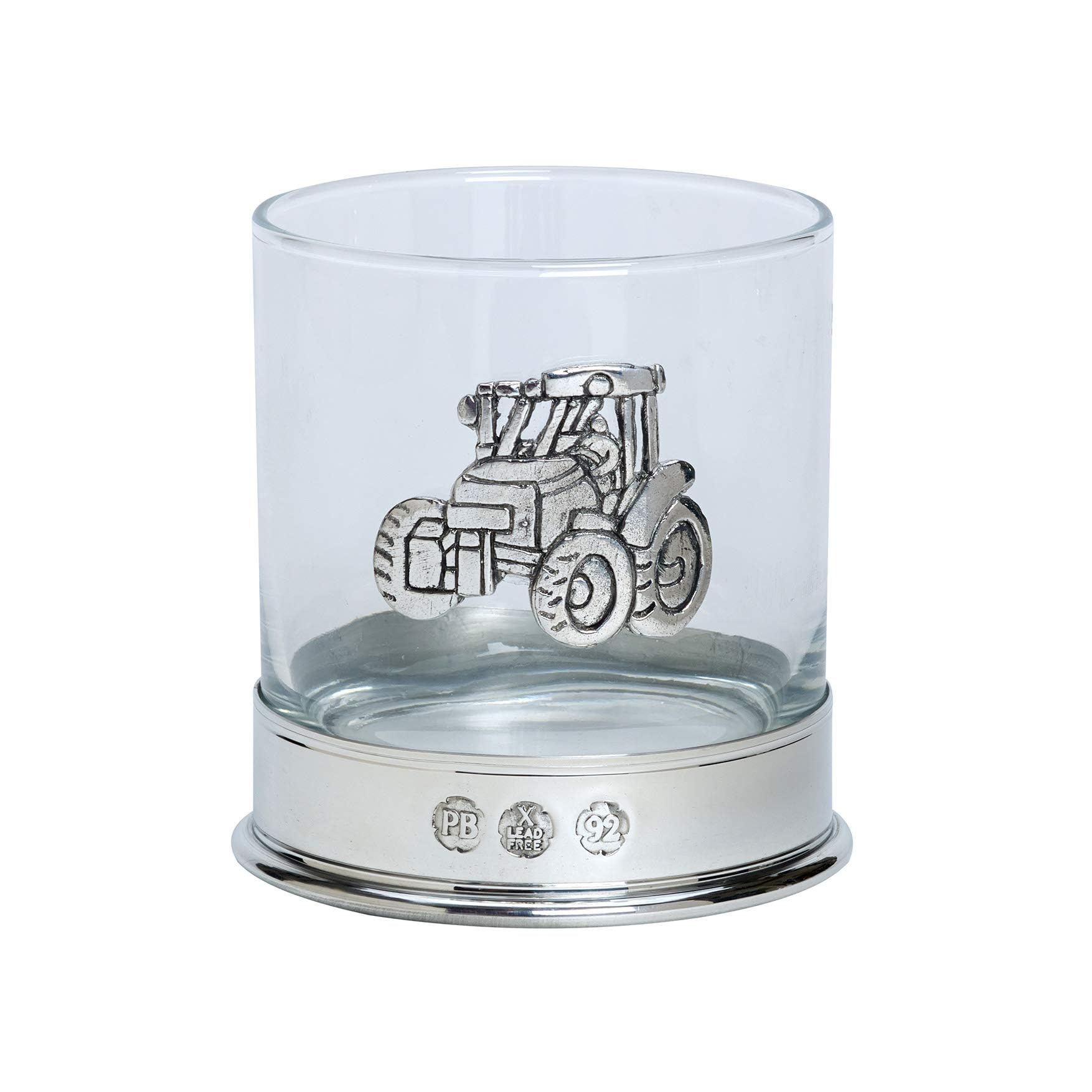 Farm Cottage Brands Lead Free pewterware Mounted 12oz Whisky Glass with a Tractor Emblem in a Presentation Box of 1 or 2 Glasses (1)