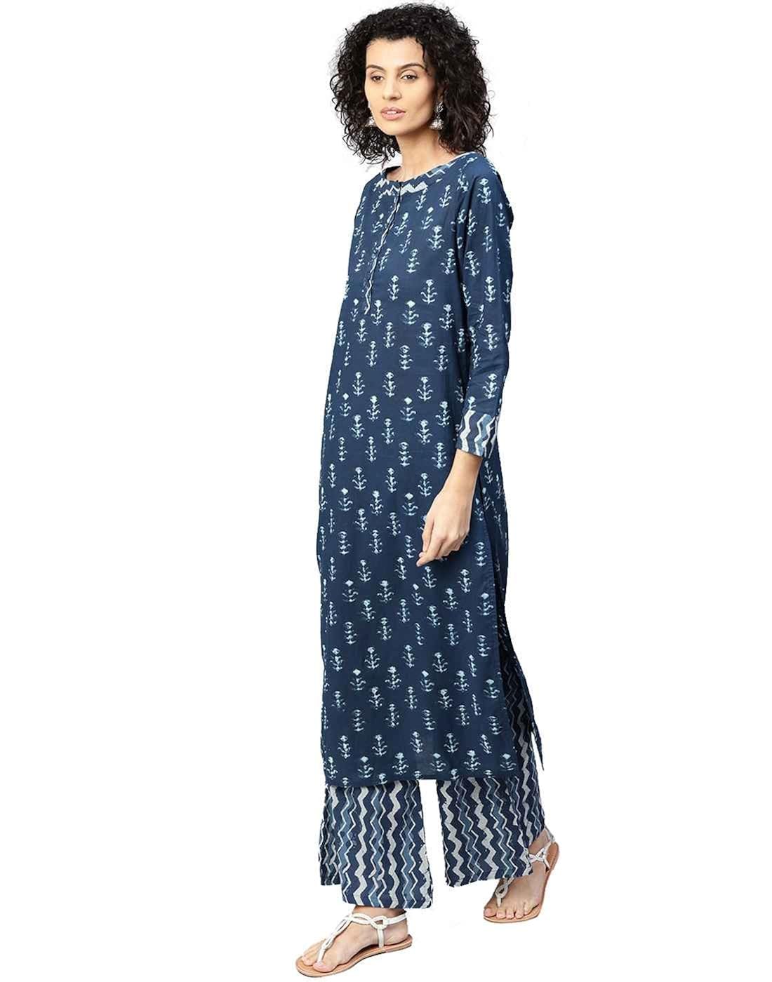 jaipur kurti women blue ethnic motifs straight cotton kurta with palazzo
