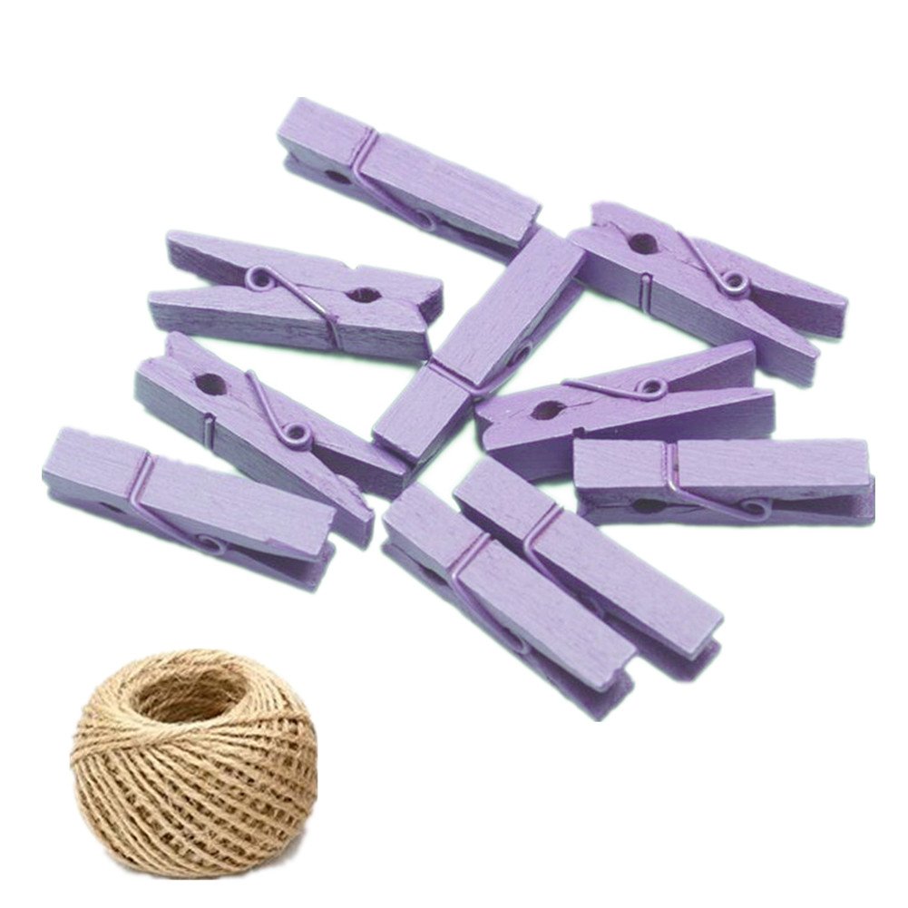 100 Colored Wooden Large Pegs 45mm Clothespins Craft Photo Clips with 20 Meters Jute Twine for Craft Rustic Decoration (Purple)