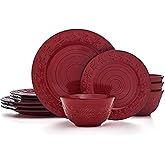 Pfaltzgraff Trellis Snowflakes 12 Piece Dinnerware Set, Service For 4, Red