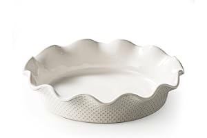 MIKIGEY Ceramic Deep Pie Pan for Baking, 11 inch Porcelain Pie Dish for Apple Pie, Oven & Dishwasher Safe, 48 Ounce Deep Plate for Kitchen, Non-Stick Pie Pans,Off-White, Embossed Dots