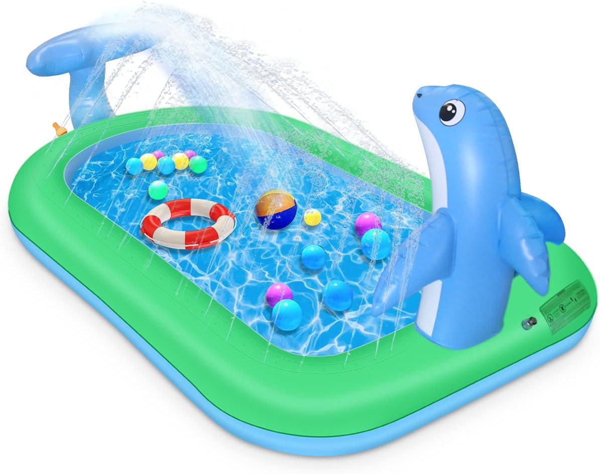HALOFUNS Inflatable Sprinkler Pool for Kids, 75" x 26" Kiddie Pool with Splash, Dolphin Swimming Pool Sprinkler Pad Summer Outdoor Water Toys for Toddlers Girls Boys: Toys & Games