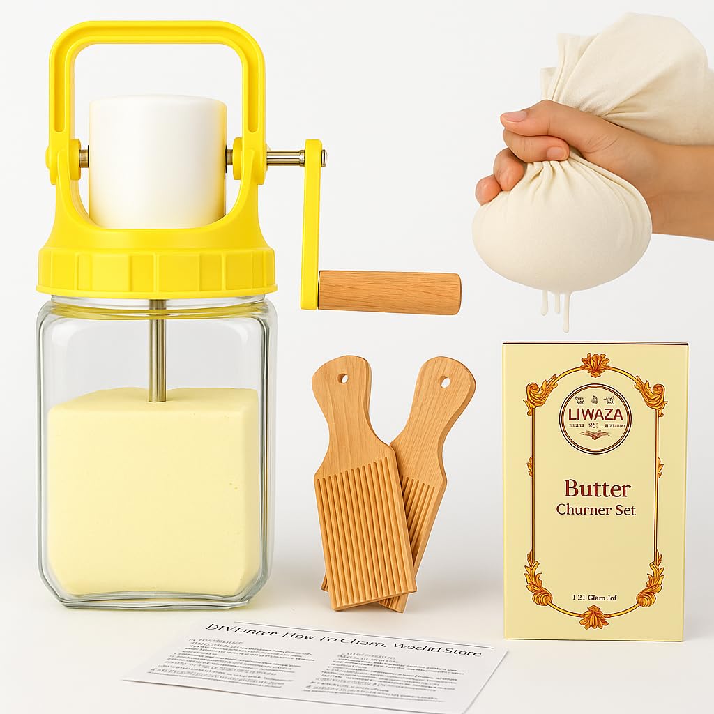 Photo 1 of LIWAZA Butter Churner Kit – 1.5L Glass Jar Hand Crank Butter Churn – DIY Butter Maker with Cheesecloth, 2 Wooden Spatulas & Recipe Guide – Make delicious Homemade Butter in Just 10 Minutes
