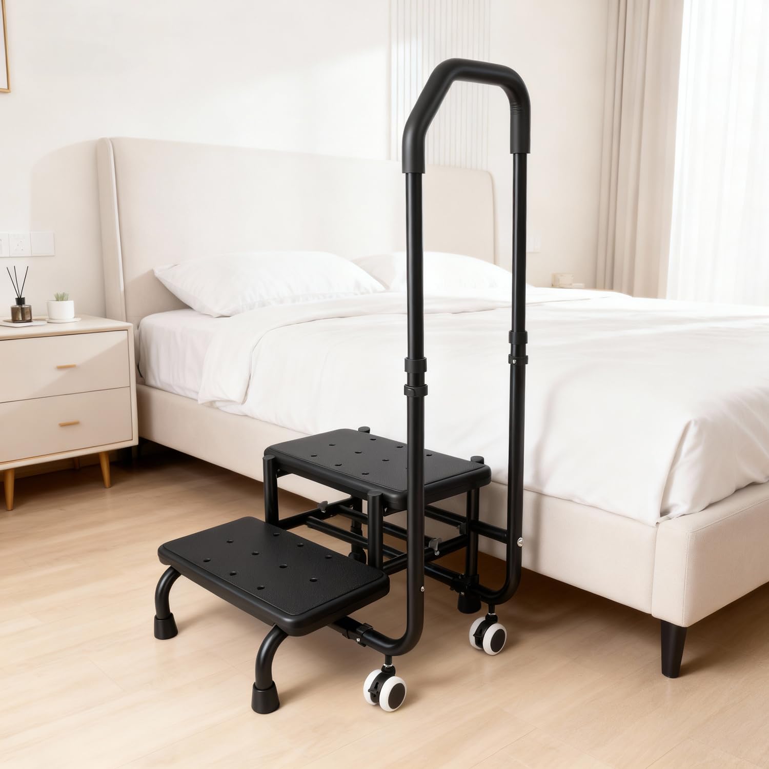 Photo 1 of 2 Step Stool with Handrail & 2 Casters for Elderly, Bed Steps for High Beds for Adults, Non Slip Platform and Adjustable Handrail, for Kitchen Bathroom RV Bathtub, Assist Rail for Elderly, black