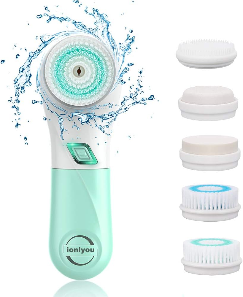 Facial Cleansing Brush - IPX7 Waterproof Electric Face Brush with 5 Different Attachments, Facial Exfoliating Brush Skin Care Massage Set with Travel Case Portable, Green/White