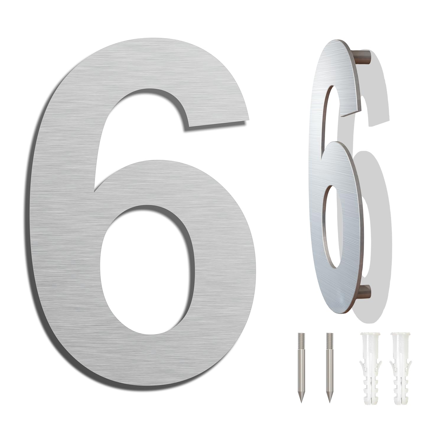 Brushed Modern House Number -4 Inch 102mm Height, Made of Solid 304 Stainless Steel, Floating Appearance and Easy to Install (Number 6 Six)