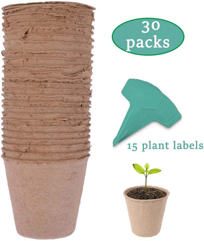 JTEEY 30 Pack 3" Peat Pots Plant Seed Starters Kit for seedlings & Herb,Transplant Seedlings Pots,Organic Biodegradable Eco-Friendly Pots for Seedlings, Flowers, Vegetables with 15 Pcs Plant Labels¡­