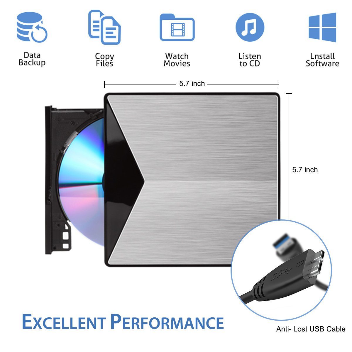 External CD DVD Drive, BESTRUNNER USB 3.0 Slim Portable CD DVD RW Writer Burner Optical Drive for Notebook Laptop Desktop PC White