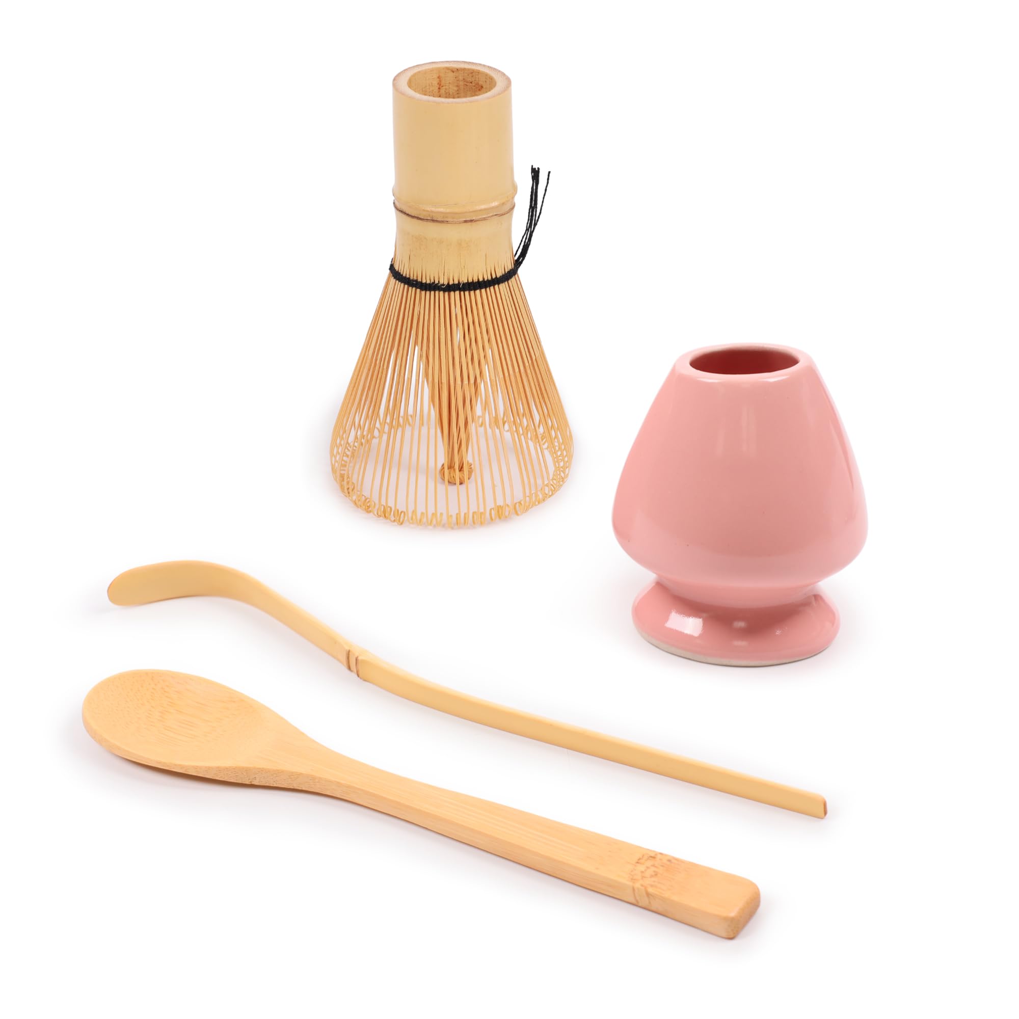 BambooMN Brand - Matcha Green Tea Whisk Set - Whisk + Scoop + Tea Spoon + Pink Whisk Holder