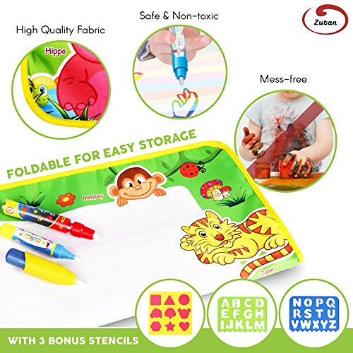 Water Drawing Aqua Doodle Mats: Large 29” x 19” Water Doodle Pad with 3 Marker Pens, 1 Sheet of Shapes, 2 Alphabet Stencils & 1 Drawing Book - Art & Educational Toy for Kids - Toddler Boys & Girls Toy